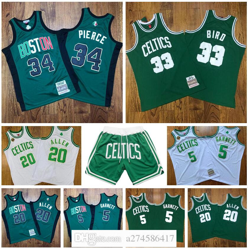 

Men basketball Boston Celtics 5 Garnett 20 Allen 33 Biro 34 Pierce Mitchell & Ness 2007-2008 white green Retro Classic Jersey, Black;red