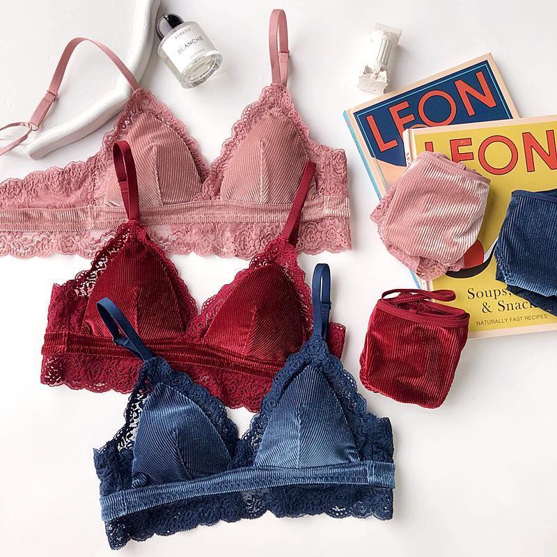 

2020 fall and winter new wire free women sexy lace underwear sets comfortable ABC cup bra and panty set ladies sleepwear1, Blue