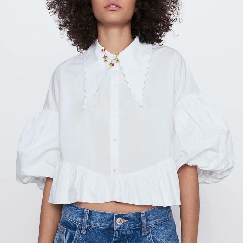 

White Chiffon Blouse Women Half Sleeve 2020 Summer Turn Down Collar Shirts Office Blusas Feminina Solid Workwear Plus Size Tops