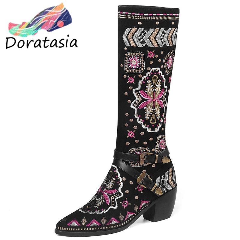 

DORATASIA Large Size 34-46 Women Cow Suede Pointed Toe Thick High Heels Buckle Shoes Rivet Boots Women Embroider Boots, Black