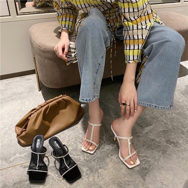 

women sandals rhinestone transparent slippers crystal high heels sandals square toe party wedding shoes woman1, Black