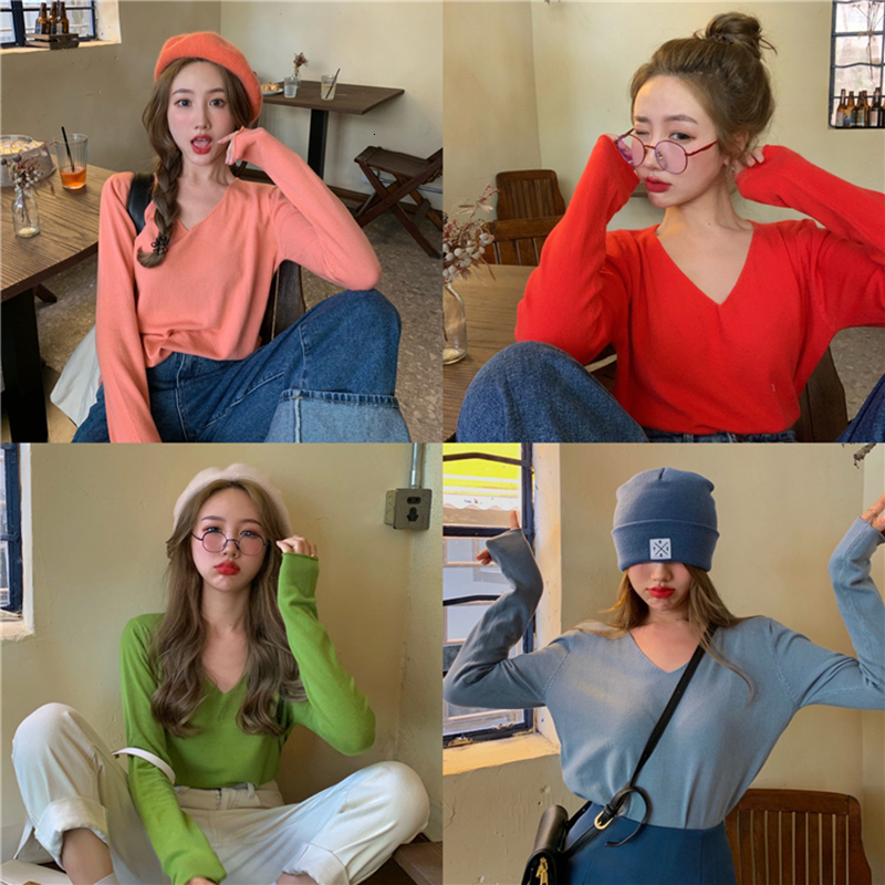 

2021 New 8 colours Korean autumn v-neck style pullovers thin shirts knitted and women's sweater (r99911) 3J90, Black