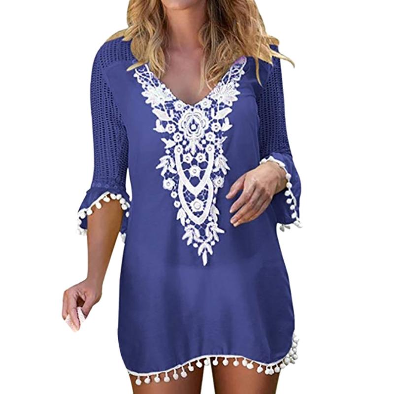 

New Beach Cover Up Bikini Crochet Knitted Tassel Tie Beachwear Summer Swimsuit Cover Up Sexy See-through Beach Dress#3