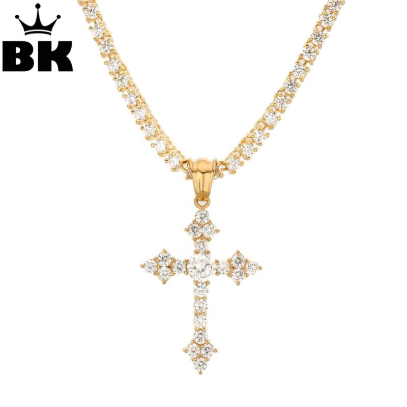 

THE BLING KING Mini Clear CZ Cross Charm Pendant Gold Tone Necklace Micro Paved Cubic Zirconia for Man & Cuban Chain 24inch
