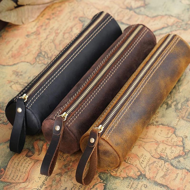 

Genuine Leather School Pencil Case Vintage Pen Box for Girls Boys Pencilcase Black Round Zip Penal Cartridge Bag Stationery Kit