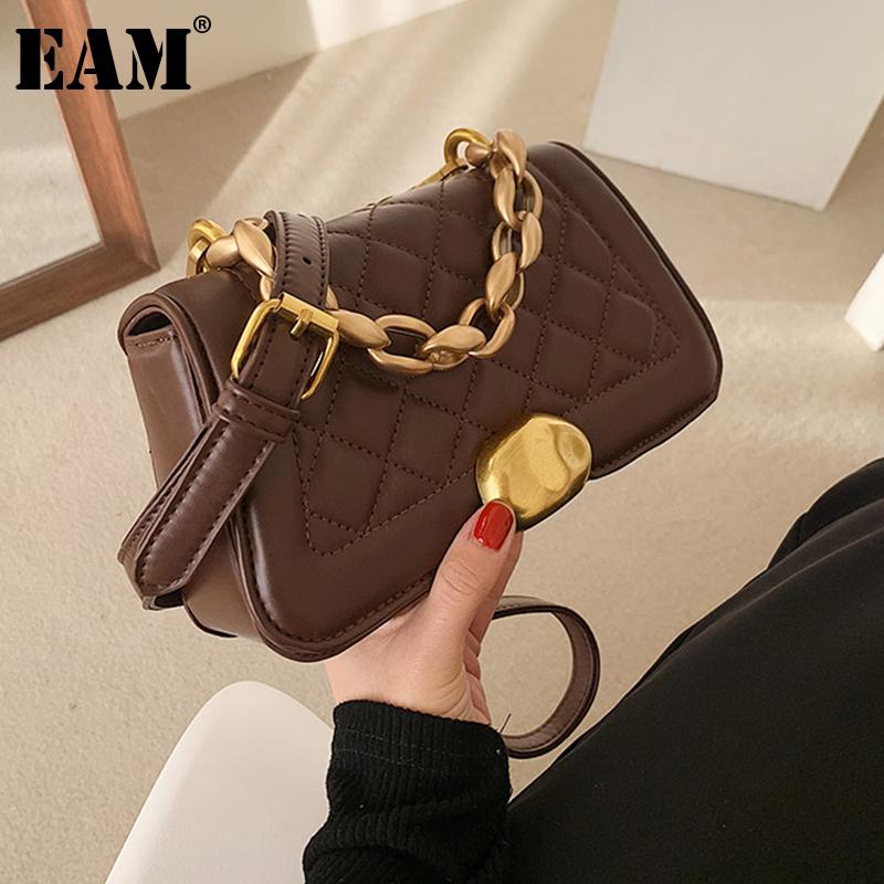 

[EAM] Women New Small Chains Argyle Handbag PU Leather Flap Personality All-match Crossbody Shoulder Bag Fashion 2021 18A1405, Black