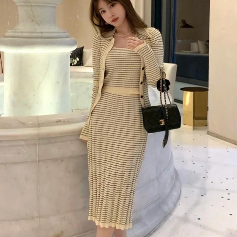 

Work Dresses Autumn Fashion Streetwear Striped Knitted 3pcs Sets Cardigan Coat + Vest Skirts Female Vintage Women Three Piece Suits, Three piece set