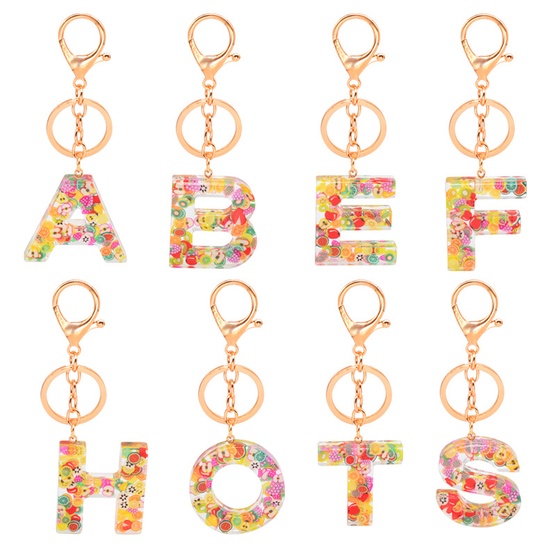 New ins trendy fashion popular 26 letters resin lovely fruits keychains for women girls key chain rings promotional gifts for family friends