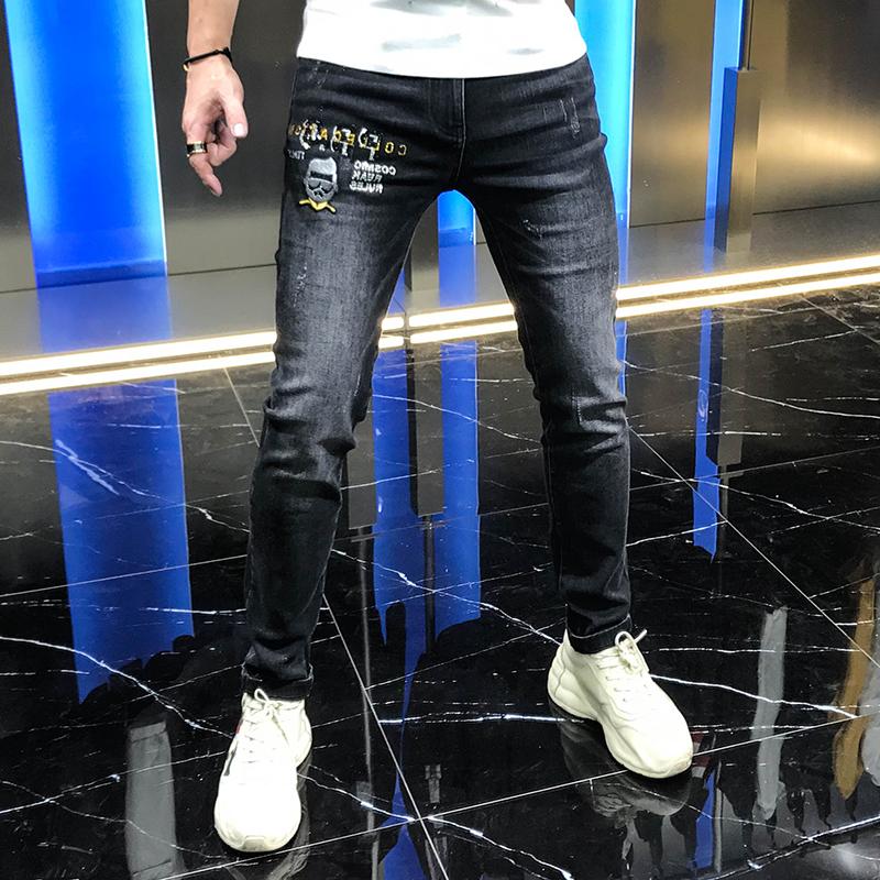 

European station fashion brand elastic little leg jeans 2020 autumn new tooling hot drill cartoon cutting pants men's pants, Sky blue