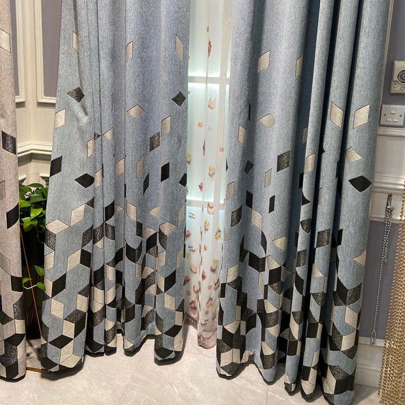 

Fashion Light Luxury Chenille Curtains Jacquard Prismatic Black And White Square Full Blackout Living Room Bedroom Curtain, Gray