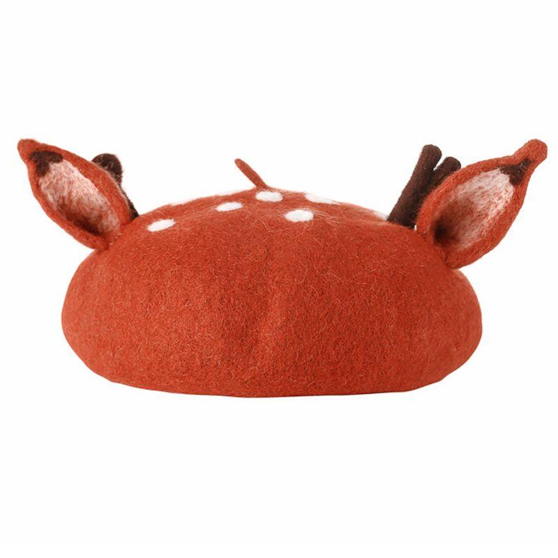 

Women Christmas Beret Cap Cute 3D Reindeer Antler Ears Faux Felt Painter Hat U90E
