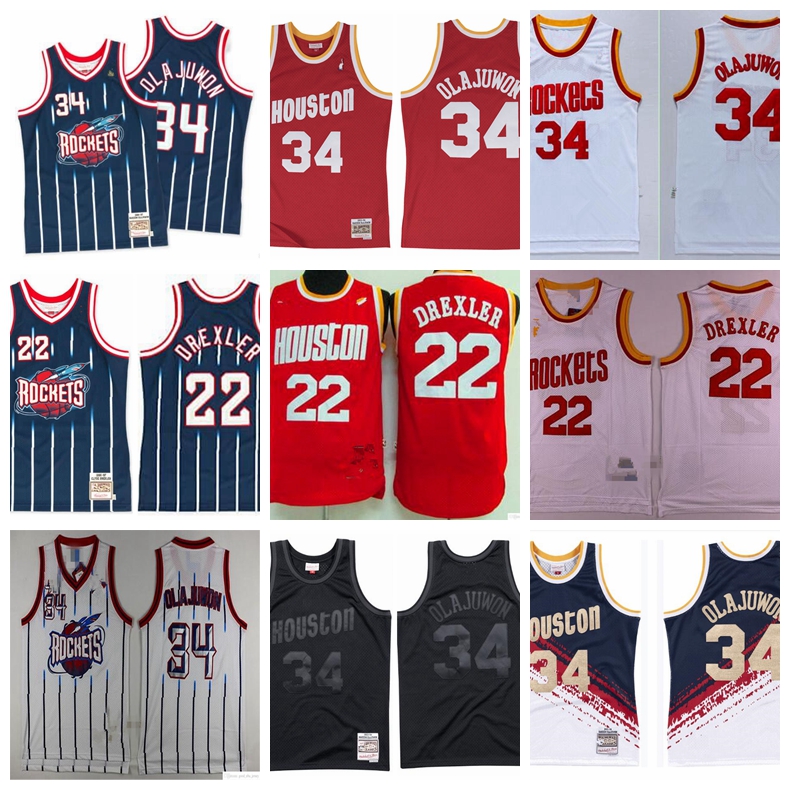 

Men Houston Rockets Hakeem Olajuwon 34 Clyde Drexler 22 Mitchell & Ness Teal Road 1993-94 Hardwoods Classics Swingman Jersey, Black;red