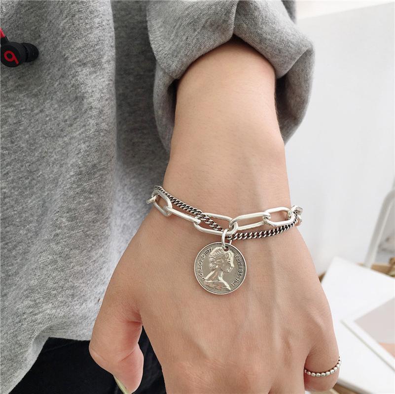 

Punk Bracelets Carved Coin Queen Head Charms Bracelet For Women Jewelry Bangle Bohemian Thick Chain Pendant 2021 Kpop Men Gifts