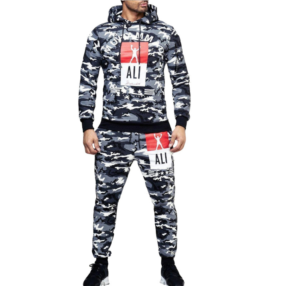 

New European and American men slim-fit hoodie fashion camouflage suits, Black