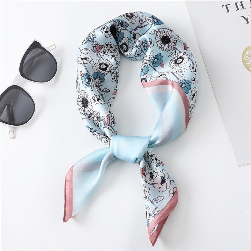 

Scarves 2022 Women Silk Scarf Neck Hair Band Square Animal Flowers Print Lady Small Shawls And Wraps Foulard Head Kerchief FJ253, Blue;gray