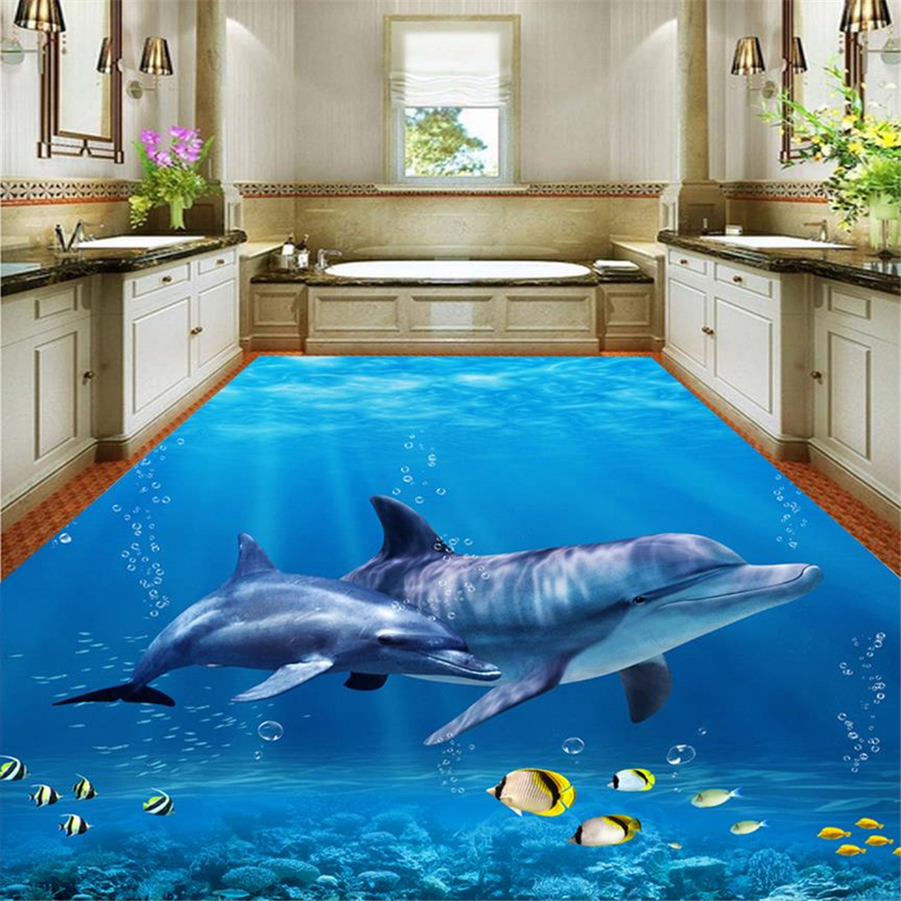 

3d landscape wallpaper 3D bathroom floor dolphin underwater world pvc self-adhesive wallpaper, Blue
