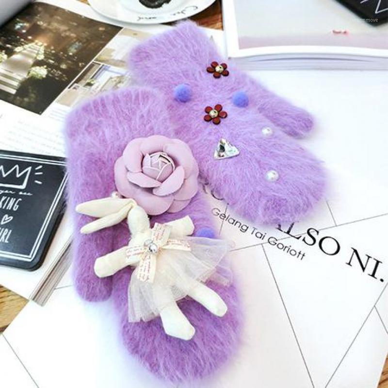 

Winter Women Gloves Solid Color 's Hair Real Beauty Flower Cartoon Pattern Keep Warm Finger Less Girls Mittens AGB7051