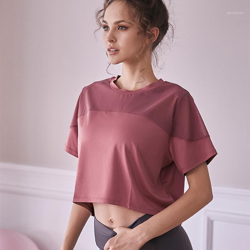 

CretKoav 2020 New Breathable Network Yarn Patchwork Yoga Shirts Women Sport T-shirt Outdoor Loose Running Short-Sleeve T Shirt1, Blue