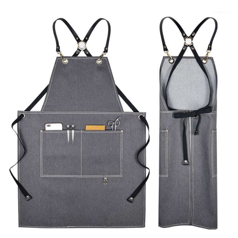 

Black Gray Denim Apron Leather Cotton Strap Bistro Restaurant Cafe Mixologist Uniform Barber Hairdresser Florist Work Wear K921