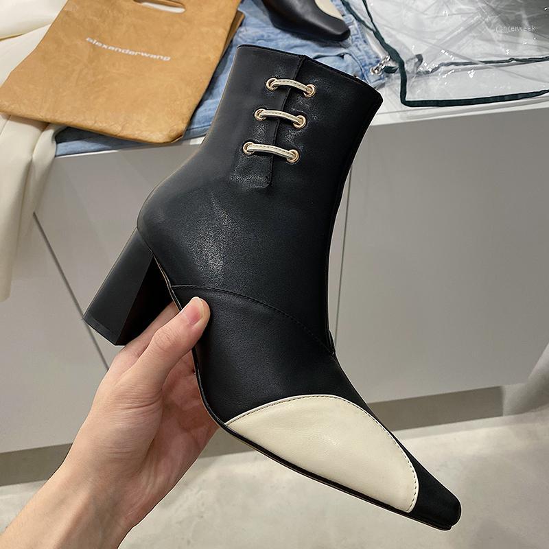 

Unique design Genuine leather Ankle boots Women boots pointed Fashion Black white color matching New winter Women shoes1