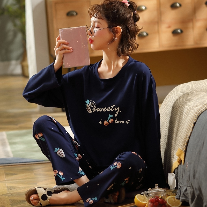 Newest Autumn Winter 100%Cotton Cartoon Women's Long Sleeve Pajamas Set Round Neck Loose Soft Plus Size M-5XL Female Pyjamas 201027
