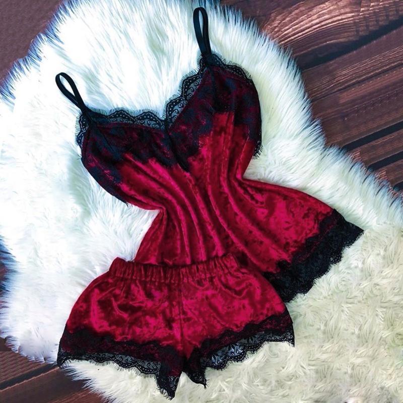 

Sexy Lingerie Set Velvet Sleepwear Women' Pajama Temptation Babydoll Nightwear Cute Cami Top Shorts Pijama Mujer kg-5, Wine