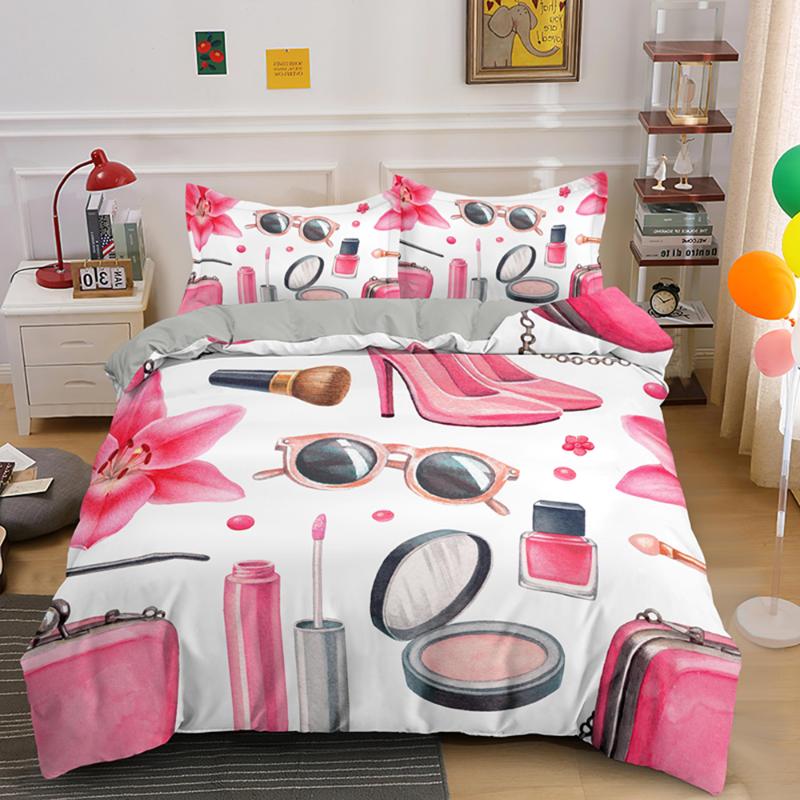 

Sweety Girl Cosmetic Printing Queen Duvet Cover Set Lipstick Mascara King Size Bedding Sets 2/3pcs With Pillowcase Drop Shipping