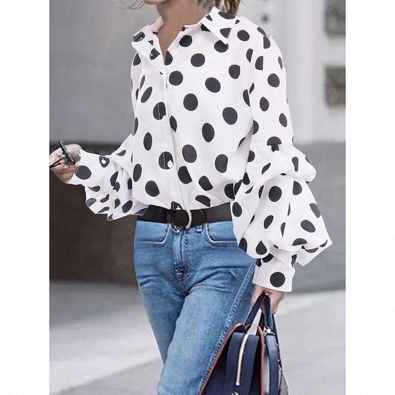 Women's Blouse Polka Dot Shirt Collar Tops Puff Sleeve Black White u5M5#