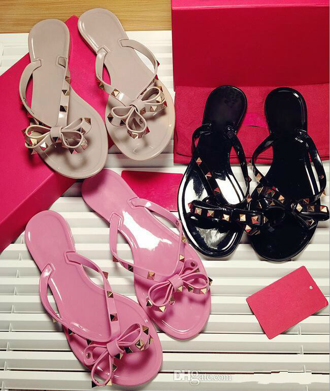 

Fashion Summer Flip Flops Woman Rivets Women Sandals Bow Knot Flat Slippers Girls Studded Cool Beach Slides Jelly Shoes 35-41, Black