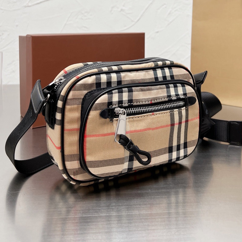 

Camera Bag Crossbody Waist Chest Bags Women Handbag Men Purse Fashion Canvas Patchwork Tartan Zipper High Quality Cowhide Real Leather, Box