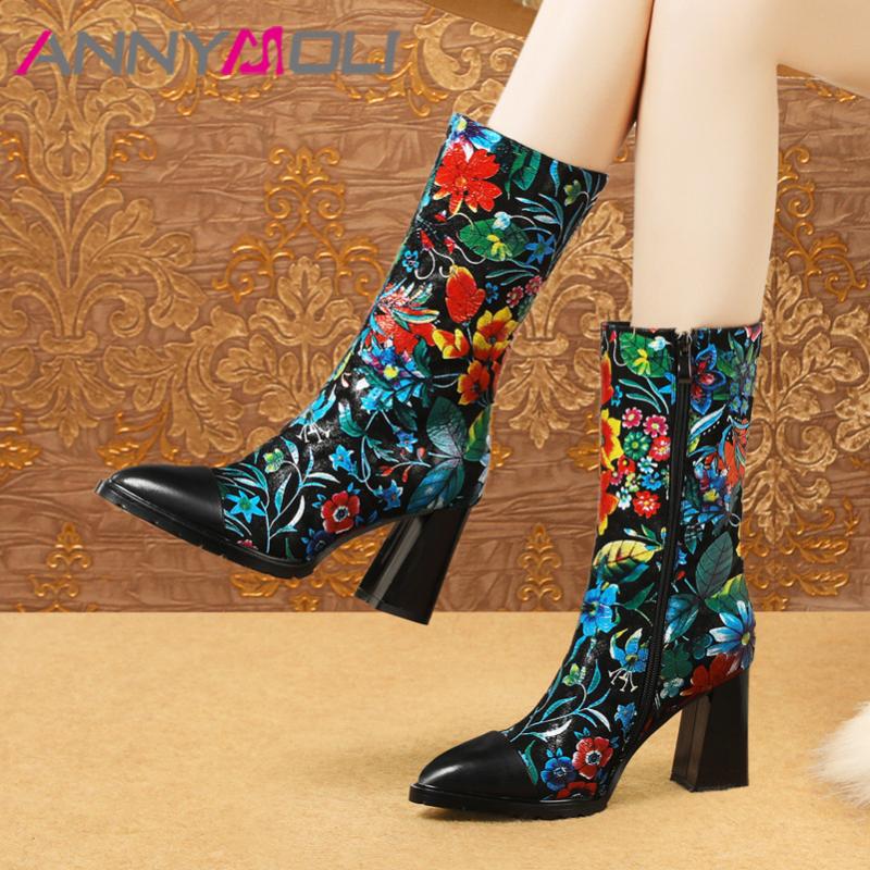 

ANNYMOLI Winter Mid Calf Boots Women Natural Genuine Leather Flower Block High Heel Boots Kid Suede Zipper Shoes Lady Autumn 39, Black