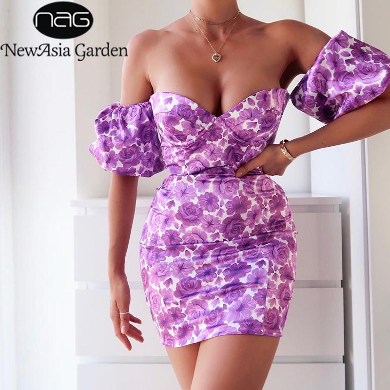 

NewAsia Summer Woman Dress Sexy Off The Shoulder Puff Sleeve Floral Bodycon Dress Print Push Up Padded Satin Party Dresses 2020, Purple
