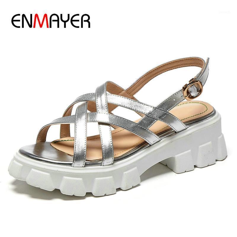 

ENMAYER Casual Gladiator Women Shoes Genuine Leather Buckle Strap High Heels Fashion Flat with Platform Sandals Woman 34-401, Black