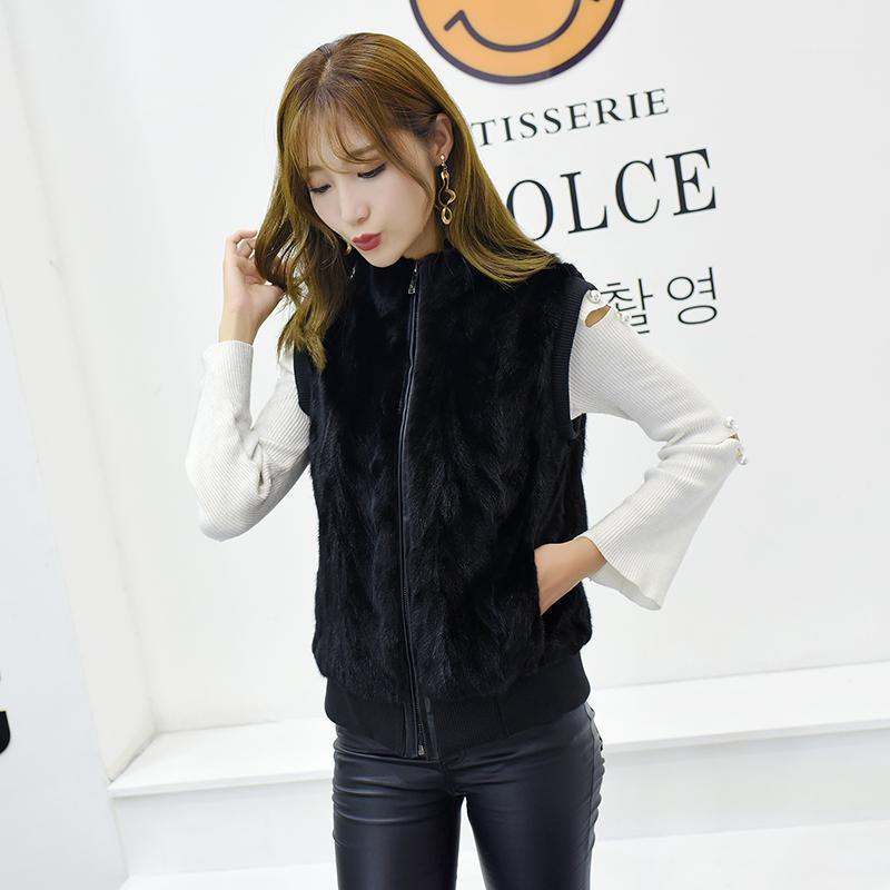 

2019 New Women' Real Mink Pieces Fur Vest Coat Outwear Big Size1, Black