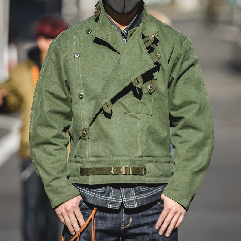 

Madden Army Green Retro Jacket Misplaced Oblique Buckle Swedish Motorcycle Men's Jacket AMEKAJI Cotton Washed Water Jacket Men 201028, Black;brown