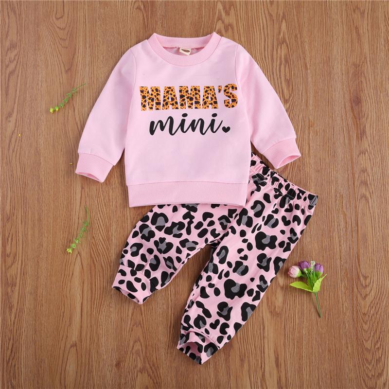 

Kids Two-piece Clothes Set Round Collar Letters Printed Pattern Top + Leopard Print Long Pants Pink/ Black