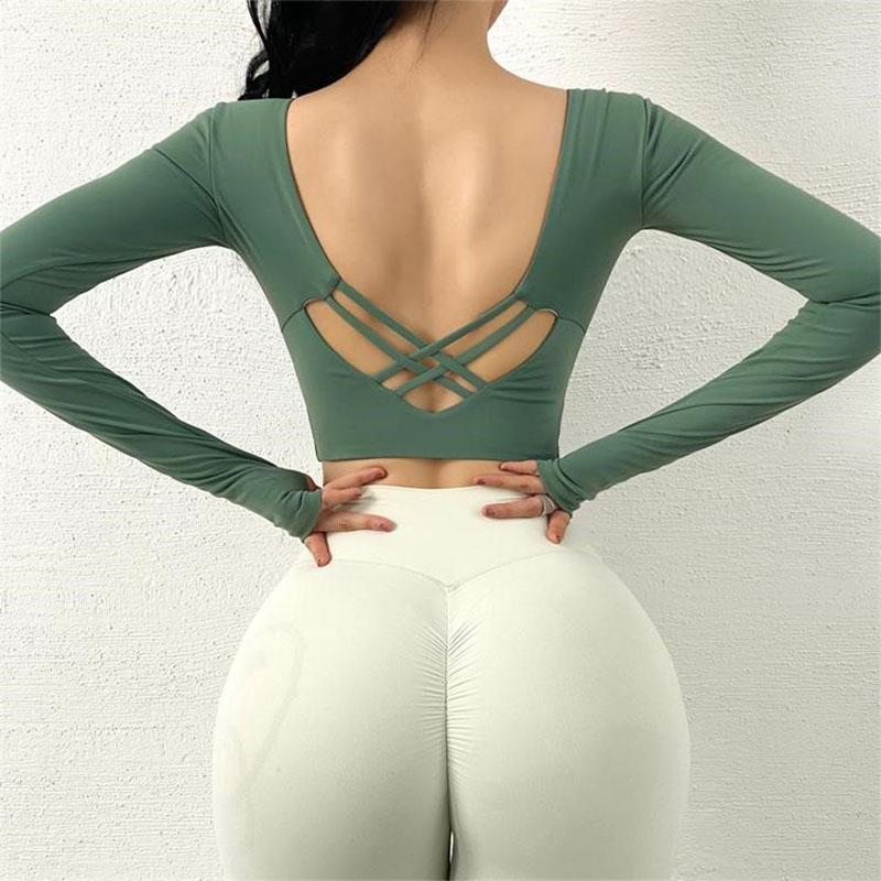 

SALSPOR Solid Yoga Shirts Women Fitness Back Cross Breathable Long Sleeve Sports Crop Top Running Workout Quick Dry Shirt, Black