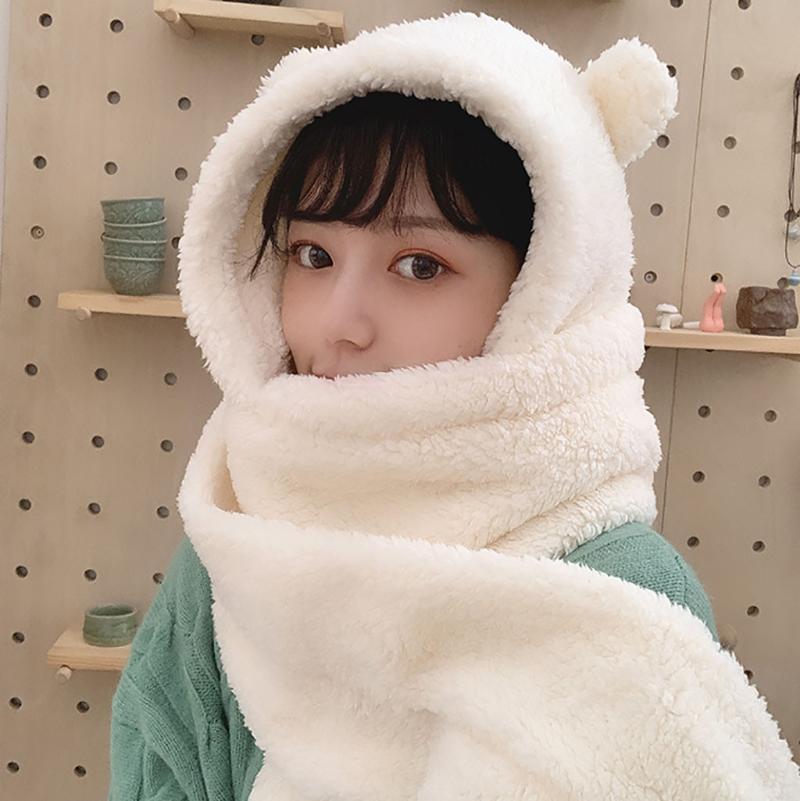 

2020 Winter Women Novelty Caps Warm Cute Bear Ear Hat Casual Plush Hat Scarf Gloves Set Casual Solid Fleece Women Caps New, White