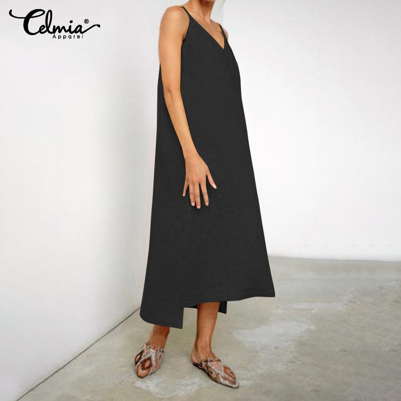 

Celmia Suspender Halter Sexy Dresses Womens V-neck Sleeveless Midi Dress 2020 Summer Beach Party Sundress Casual Solid Vestidos, Black