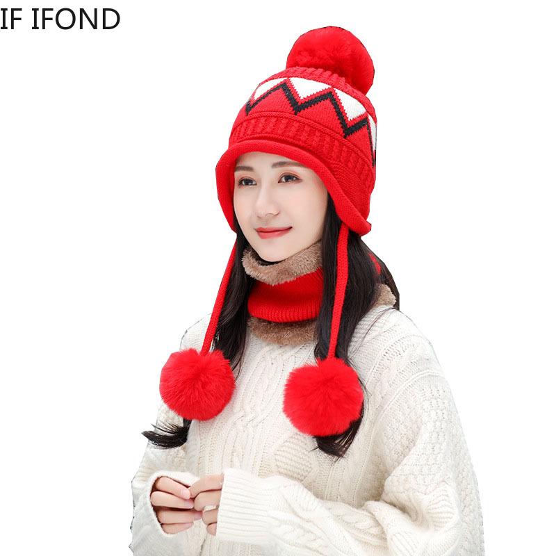 

Knitted Hat Winter Thick Warm Cotton Scarf Caps Sets 3 Hair Ball Knit Bib Warm Beanies Hat Outdoor Windproof Riding Caps, White
