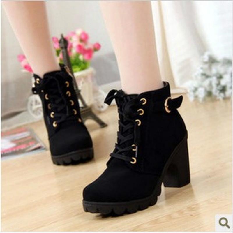 

2021 Autumn Boots Women Fashion High Heel Lace Up Ankle Boots Ladies Buckle Platform Shoes Winter Boot Women Leather Solid, Black