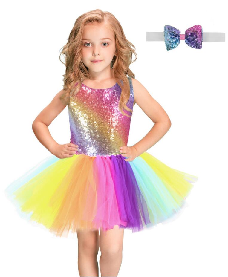 

Rainbow Sequins Tutu Dress for Kids Fashion Backless Sleeveless Tulle Dress Girls Clothes Colorful Children Girl Party Dress, Multi