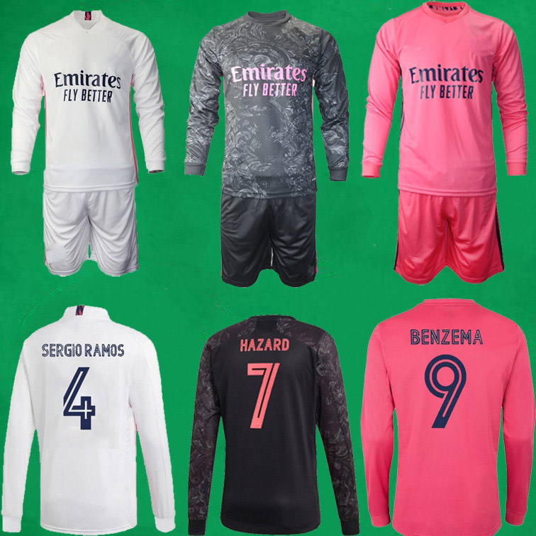 

20 21 Real Madrid Long Sleeve Soccer Jersey Shorts 2020 2021 HAZARD BENZEMA VINICIUS SERGIO RAMOS Football Shirt Full Sleeve Soccer Kits, Away