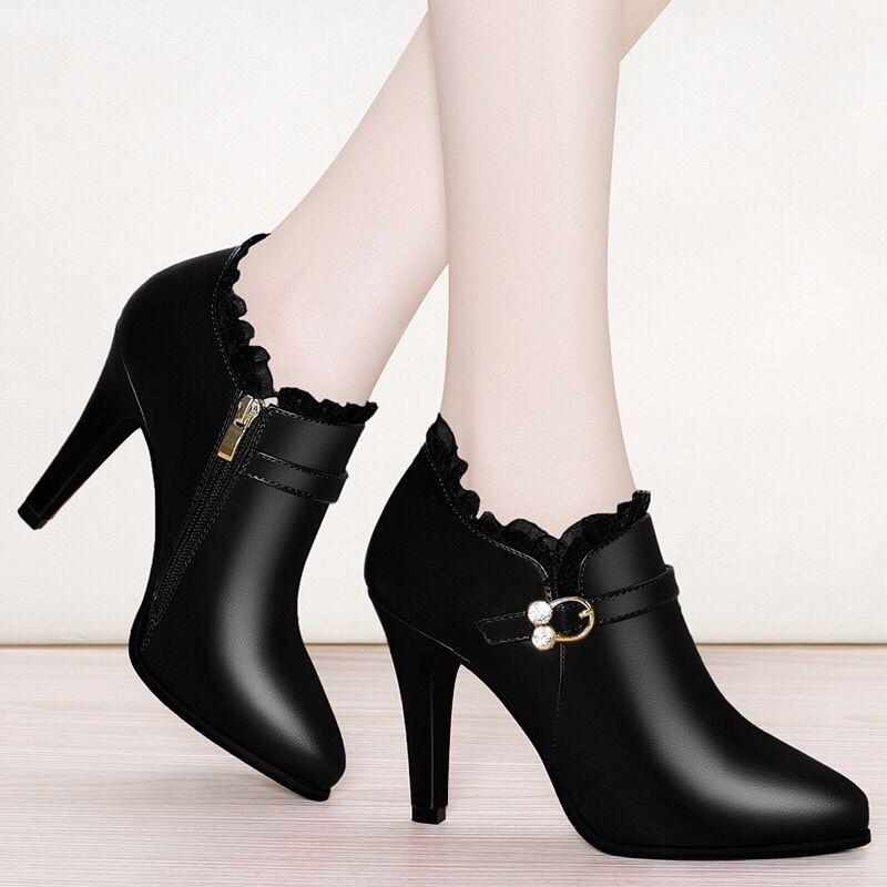 

2021 Spring Fashion High Heels Ankle Boots Women Dress Shoes Lace Pointed Toe Botas Mujer Rhinestone Booties Gladiator Black Red1, White