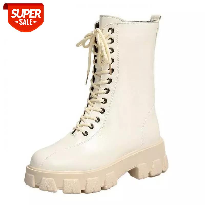 

Leather Gothic Black Boots Women Heel Chunky Heel Cross-Tied Platform Boots Female Punk Style Mid Calf Zipper #4U2m