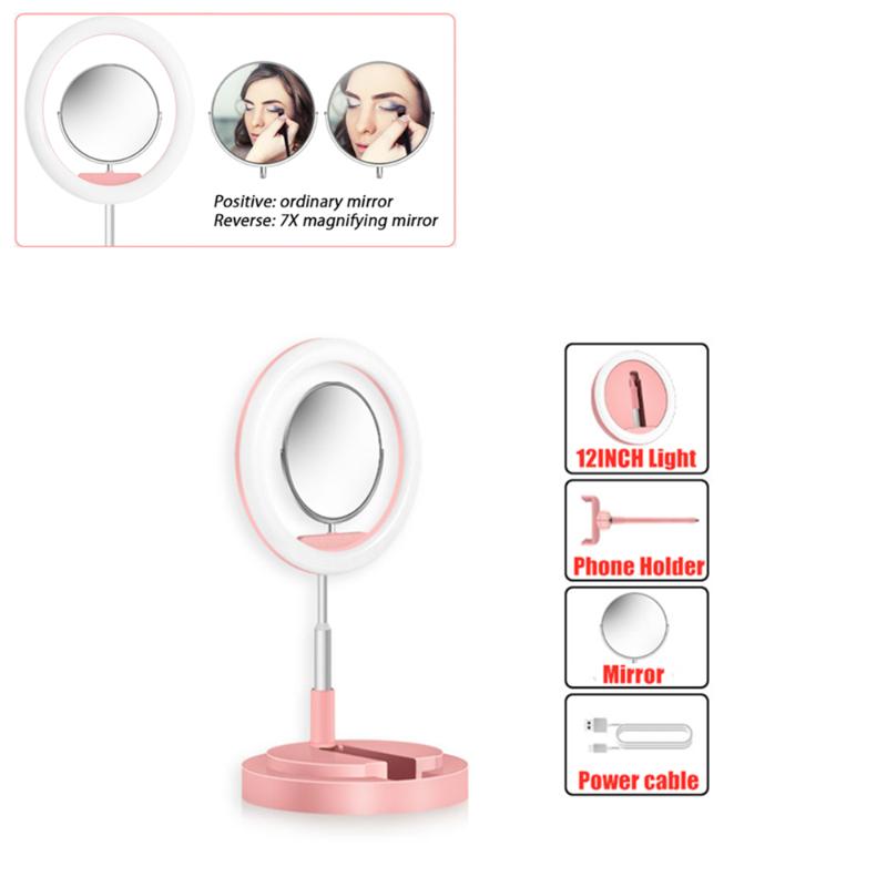 

12inch Ring Light Fill LED Light USB Desktop Lamp Dimmable with Mirror ,Phone Holder Extendable Stand for Selfie Makeup