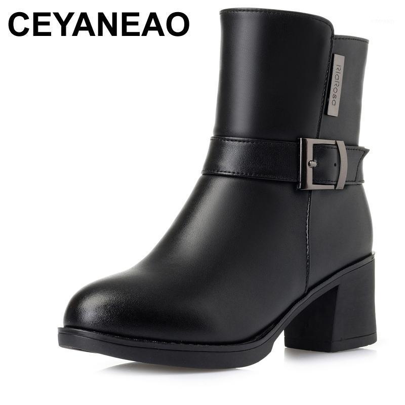 

CEYANEAO New Women Winter Snow Boots Mid-Calf Thick High Heels Genuine Leather Shoes Warm Women Plush Boots Ladies Plus Size1, Black
