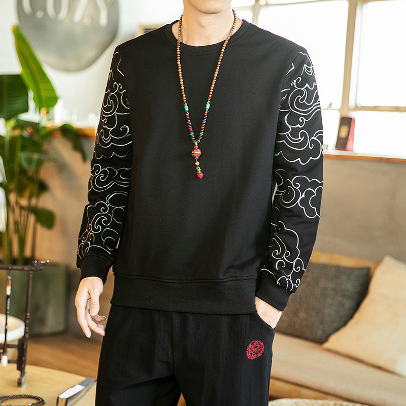 

2021 Chinese Hoodie Spring and Autumn New Style Fashion Jacket Embroidered Vintage Male Long Sleeve Sweater 09e3, Red