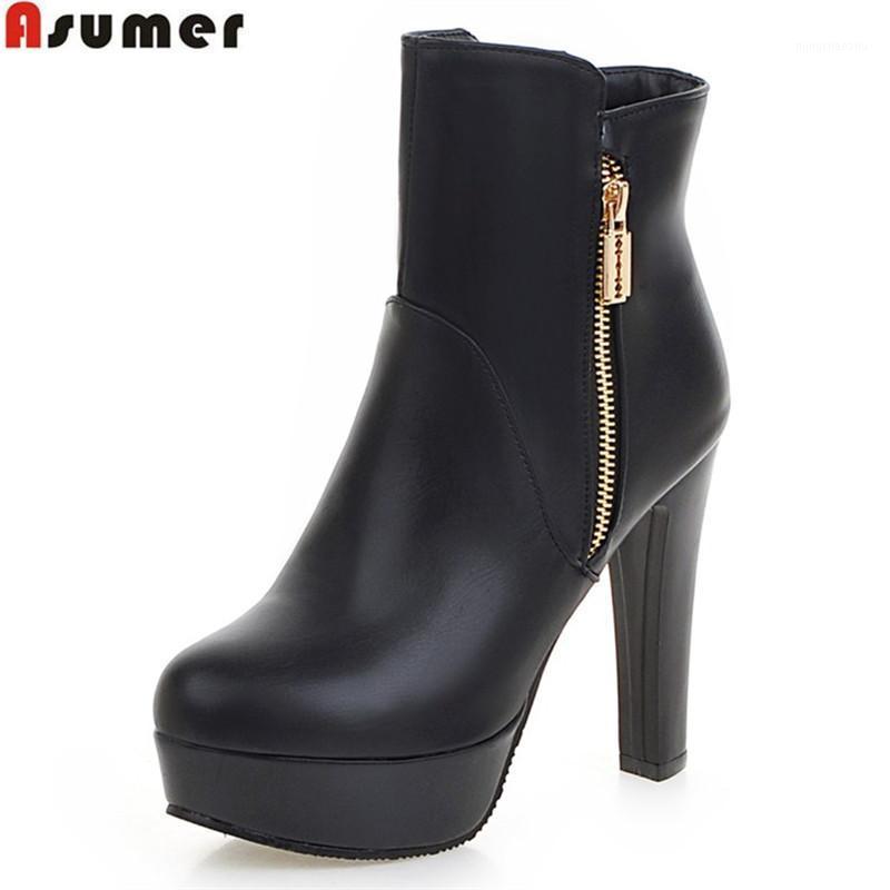 

Asumer 2020hot sale autumn winter new arrive women boots fashion zipper ladies boots solid color platform super high heels1, Black