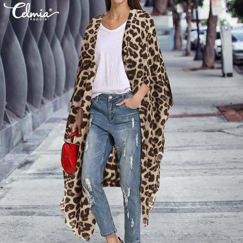 

Celmia Vintage Women Shirts Long Kimono Cardigan Long Sleeve Sexy Leopard Print Blouses Casual Beach Cover Up Plus Size Tops 5XL, Black